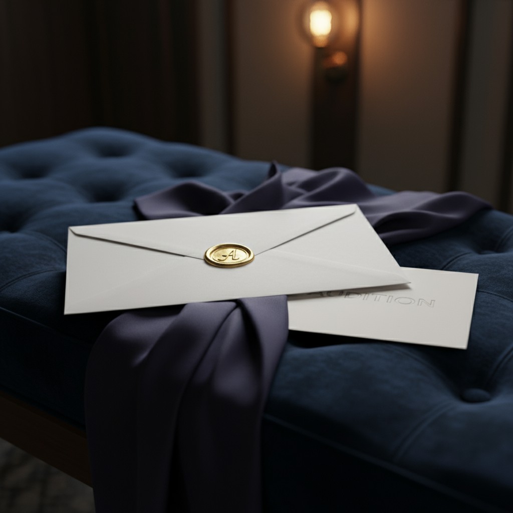 A white 6 x 12 envelop on a blue velvet cushion with a purple ribbon.